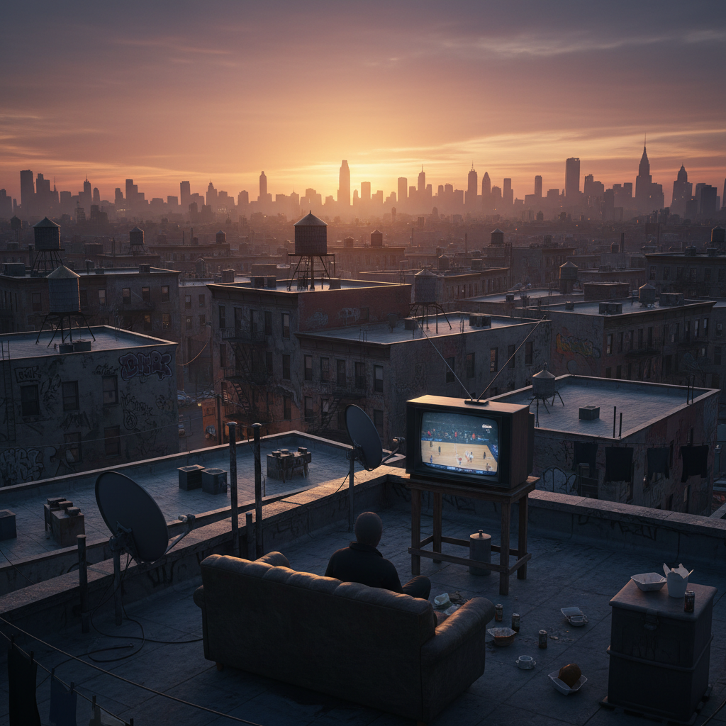 A person sits on a couch on a city rooftop watching a basketball game on an old television set at sunset.